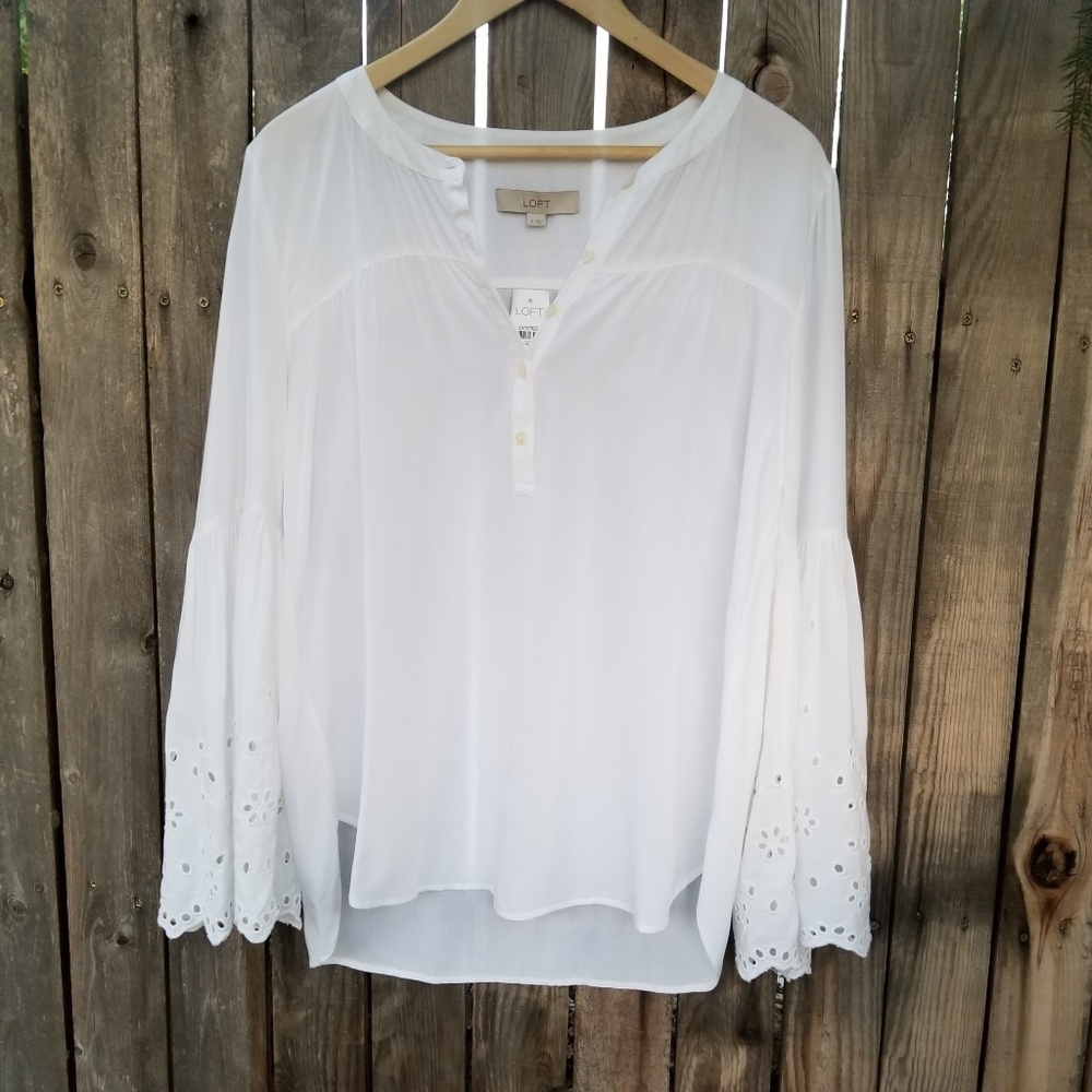 LOFT. White eyelet bell sleeve  blouse size small